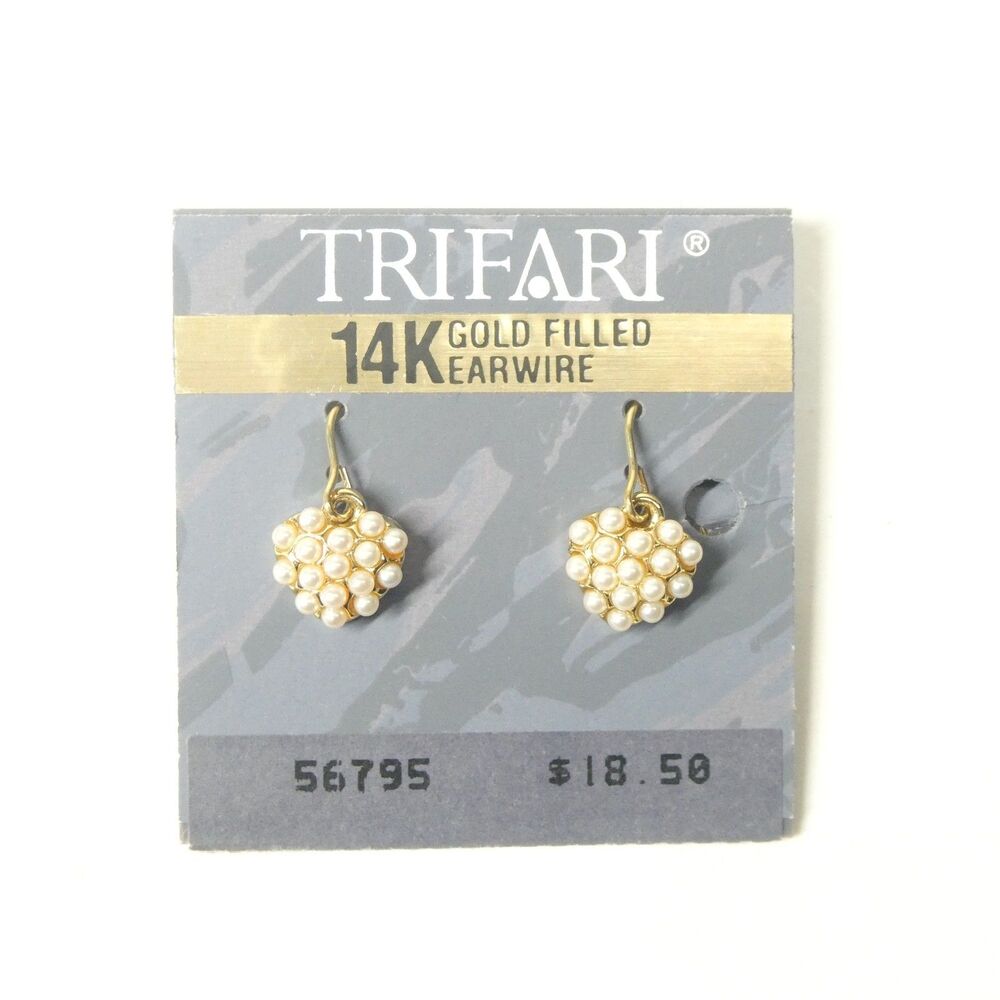 Trifari 14K Gold Filled Earrings Faux Pearl Vintage NOS